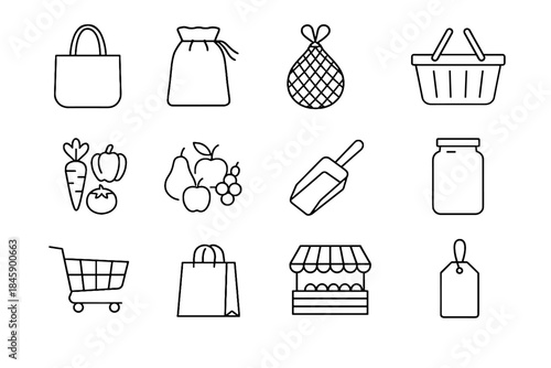 Grocery mesh cloth sustainable bin assortment bag produce trolley vector icon