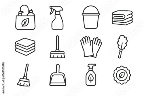 Bottle scrub duster cloth eco dustpan cleaning badge friendly stack icon outline