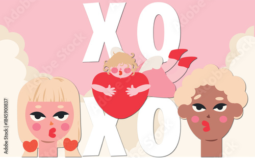 Cute Valentine’s Day illustration with diverse girls kissing, cupid hugging a heart and XO letters. Flat modern style, pastel colors. Perfect for love, romance, dating, greeting cards, social media an
