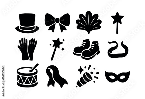 A collection of black silhouette icons representing party, magic, costume, and celebration elements on a clean white background — stock vector.