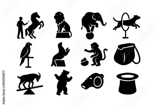 A collection of black silhouette icons depicting various circus animals performing acts and related props on a white background — stock vector.