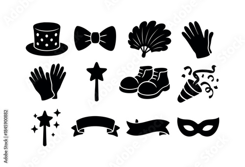 A collection of black silhouette icons representing party, magic, costume, and celebration elements on a clean white background — stock vector.