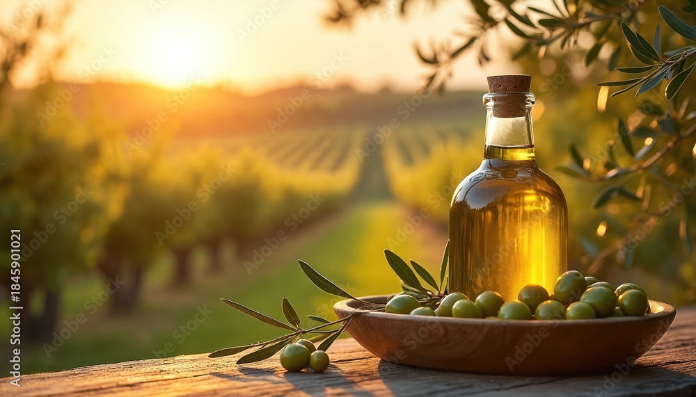 Obraz premium Golden olive oil bottle rests near fresh olives on wooden table. Tuscan vineyard rows stretch towards warm sunset. Olives and oil glow in soft light.