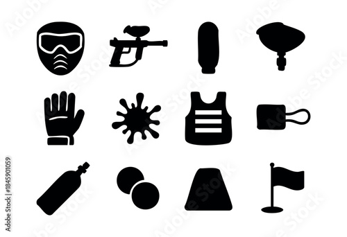 A comprehensive set of black silhouette vector icons representing essential paintball equipment and game elements, isolated on a white background — stock vector.