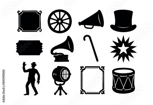 A collection of black silhouette icons representing vintage entertainment, theater, and circus elements on a white background — stock vector.