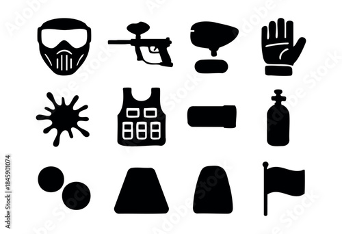 Black silhouette vector icons illustrating various paintball game equipment, protective gear, and related elements essential for the sport. — stock vector.