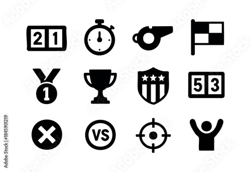 A collection of black silhouette vector icons representing various elements of sports, competition, match results, awards, and game symbols — stock vector.