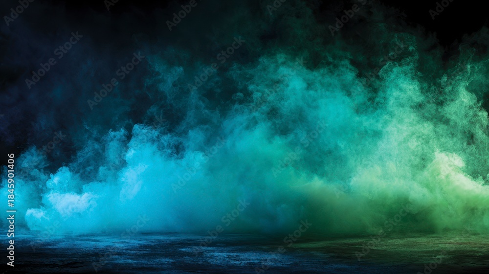 Fototapeta premium Moody atmospheric scene featuring ethereal swirls of vibrant blue, teal, and green smoke against a dark background, suggestive of mystery