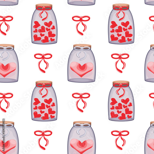 Seamless vector pattern with jars and bows, hearts, cute romantic symbols, playful design for Valentine's Day, repeating pattern, isolated on white background.