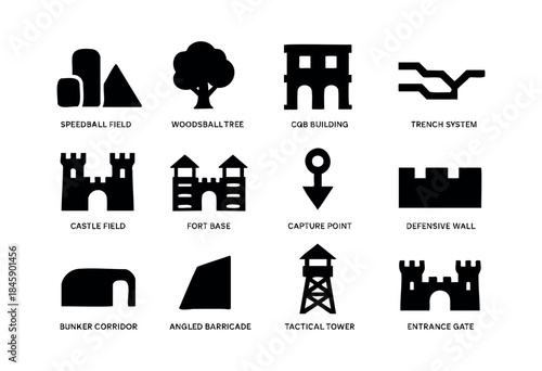 A collection of black silhouette icons representing various tactical battlefield elements and structures for military, gaming, or sports scenarios, isolated on a white background — stock vector.