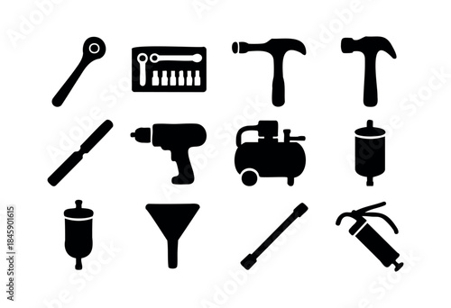 A comprehensive collection of essential hand tools and power equipment depicted as black silhouettes on a clean white background, ideal for DIY, construction, and repair projects — stock vector.