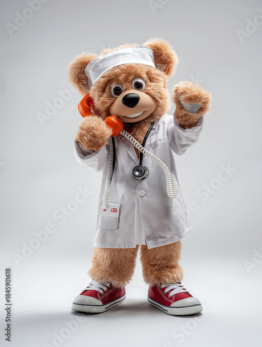 Teddy bear doctor in a white coat talks on a red phone in a studio. A stethoscope hangs from the coat and bright sneakers complete the outfit.