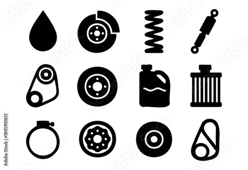 A comprehensive set of black silhouette icons representing essential automotive parts and service components on a white background — stock vector.