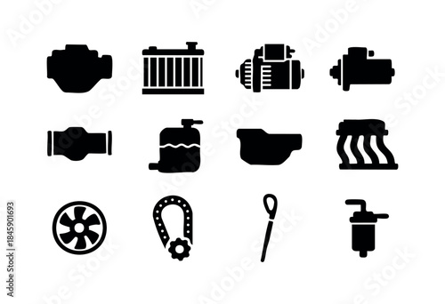 Collection of essential car engine and automotive components in a clean silhouette icon style — stock vector.