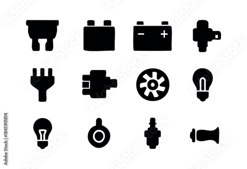 A collection of black silhouette vector icons representing various automotive and electrical components like fuses, batteries, spark plugs, and light bulbs on a white background — stock vector.