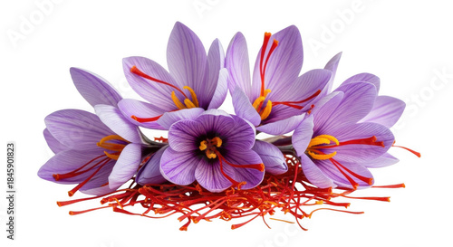 Close-up of vibrant saffron crocus flowers and prized red threads.
