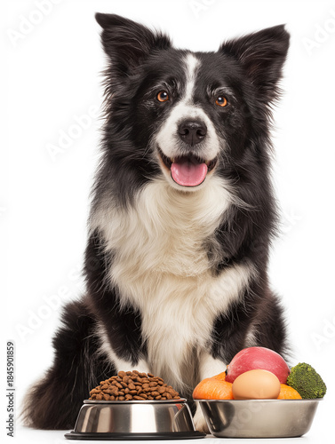 Border Collie sits with two bowls in a studio. Two bowls of kibble and fresh produce are displayed in front of the dog.