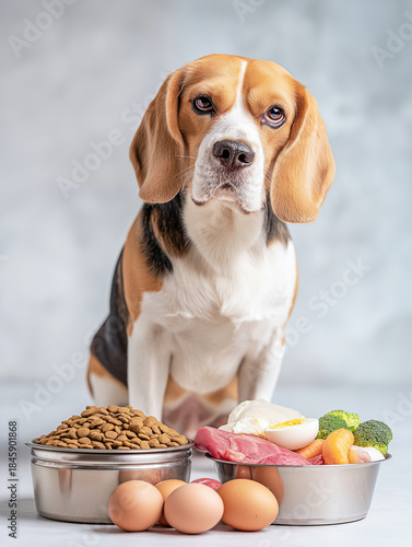 Beagle sits in front of bowls of food on a kitchen counter. Food bowls display pellets eggs meat and vegetables.