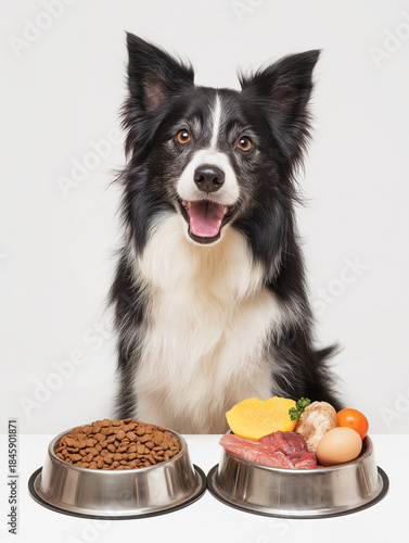 Border collie sits with two bowls of food in studio. Two metal bowls hold kibble and meat with egg and vegetables.