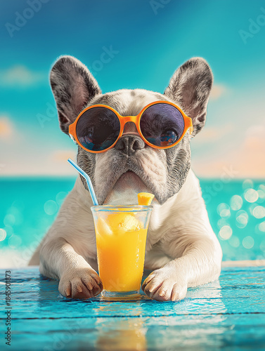 French bulldog wearing orange sunglasses drinks orange juice at a pool. The blue water and sunny sky set a carefree summer mood.