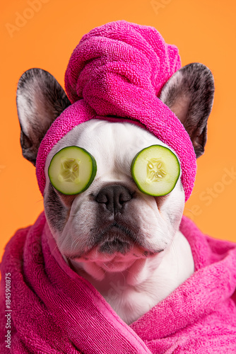 French bulldog sits in a studio with a pink towel wrapped around its head. Cucumber slices cover its eyes for a playful spa look.