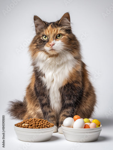 Calico cat sits beside kibble bowls in studio. Colorful eggs rest beside the bowls near the cat.