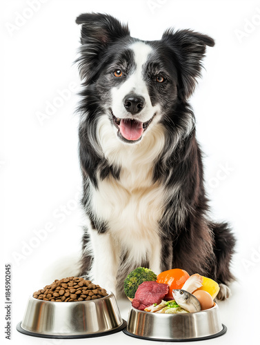 Border collie sits with two bowls of food on a white background. The bowls hold kibble and a mix of meat and vegetables.