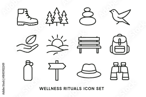 Line walk bench text icons vector sun park silhouette ritual stack wellness