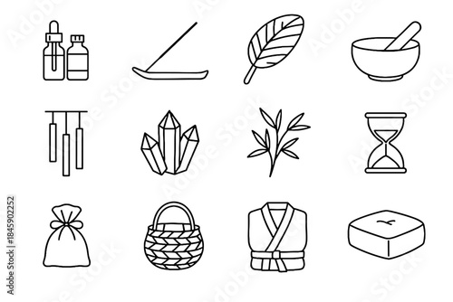 Incense sticks basket chime vector crystal oil icon wellness ritual holder linen