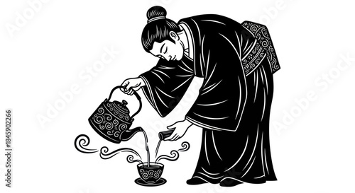 Japanese tea ceremony ritual pouring tea into a cup with focus.
