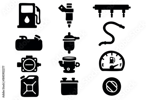 A collection of black silhouette icons representing various components of a vehicle's fuel system and related automotive parts on a white background — stock vector.