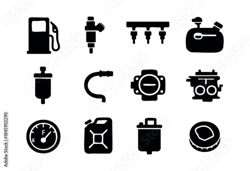 A collection of black silhouette icons representing various components of a vehicle's fuel system and related automotive parts on a white background — stock vector.