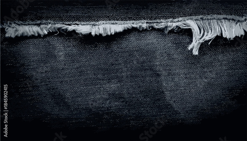 Dark black denim fabric texture, frayed edge detail vector. Textile background showing woven jean material, rough threads, and worn fabric surface. Design, clothing mockups, apparel branding, banners.