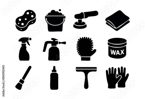 A collection of black silhouette icons representing various tools and equipment used for car washing, cleaning, and auto detailing services — stock vector.