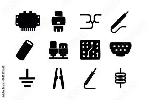 A collection of black silhouette vector icons representing various electronic components, repair tools, and engineering symbols on a white background — stock vector.