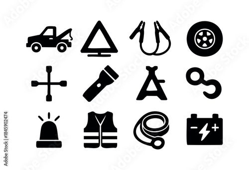 A collection of black silhouette icons representing essential tools and equipment for car breakdowns, roadside assistance, and vehicle safety — stock vector.