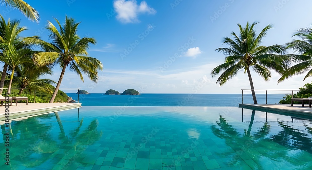 Fototapeta premium Luxury Infinity Pool Overlooking Tropical Ocean and Palm Trees.