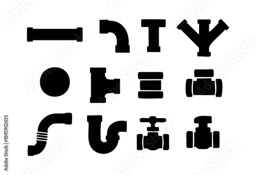 A comprehensive set of black silhouette icons depicting various plumbing pipe fittings, connectors, and valves for industrial or domestic systems on a white background — stock vector.