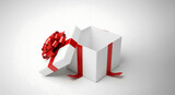 Elegantly open white gift box adorned with a vivid red ribbon and bow, set against a clean background, symbolizing anticipation, potential, and celebration