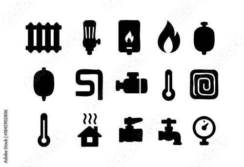 A comprehensive set of black silhouette vector icons representing various elements of home heating, plumbing, and climate control systems — stock vector.