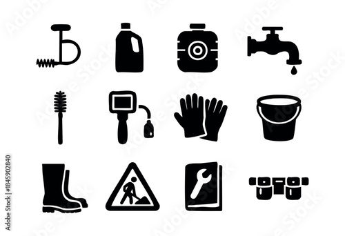 A collection of black silhouette icons depicting essential tools and items for home maintenance, plumbing, cleaning, and construction tasks on a white background — stock vector.