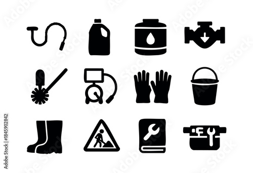 Set of essential black vector icons depicting tools and equipment for home maintenance, plumbing, and cleaning tasks — stock vector.
