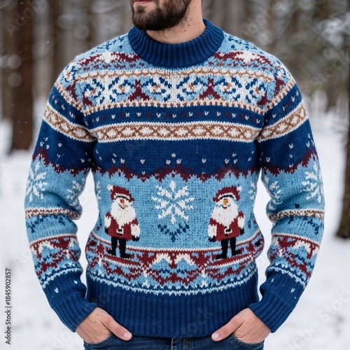 Man wearing festive Christmas sweater in snowy forest setting  