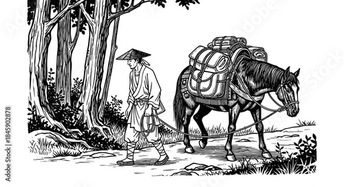 Man and horse carrying supplies on a journey.
