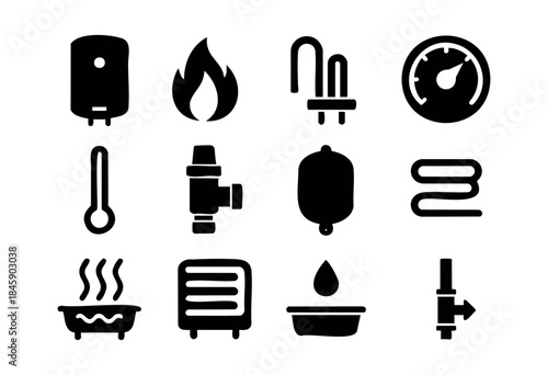 A collection of black silhouette icons representing various heating, plumbing, and temperature-related components and concepts on a white background — stock vector.