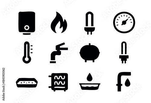 A comprehensive set of black silhouette icons representing various heating, plumbing, and utility components for home or industrial systems on a white background — stock vector.