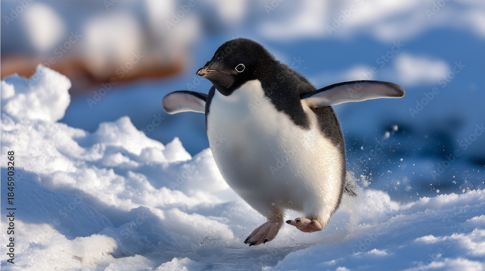 Fototapeta premium Penguin sliding across snow on belly with wings held back in windy Antarctic landscape, playful wildlife behavior, cold climate animal photography, dynamic motion capture, with cop