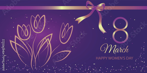Elegant vector greeting card for International Women’s Day on March 8. Golden line art tulips, ribbon bow and festive sparkling elements on a purple background. Perfect for posters, invitations, banne