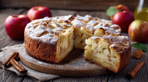 Wallpaper Mural apple cake with a slice cut and pulled away, showing the generous apple filling. Cake is dusted with powdered sugar and displayed on a wooden surface with red apples and cinnamon sticks. Torontodigital.ca