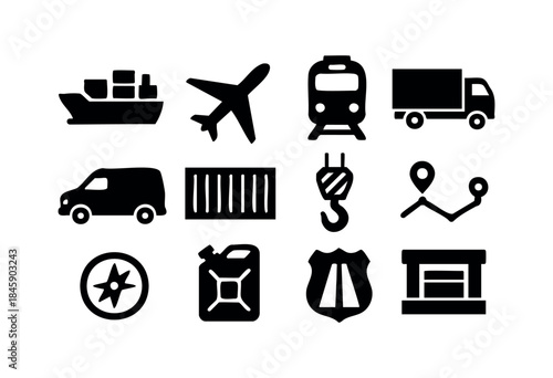 A comprehensive set of black silhouette icons representing various modes of transportation, logistics, and global shipping services on a white background — stock vector.